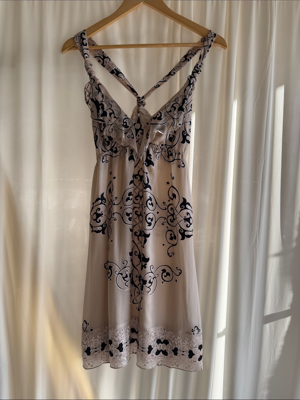 Hale Bob 100% Silk Printed Mini Dress • Neutral Boho Silk Dress • Size Small